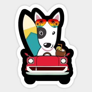 Surfer bull terrier driving to the beach Sticker
